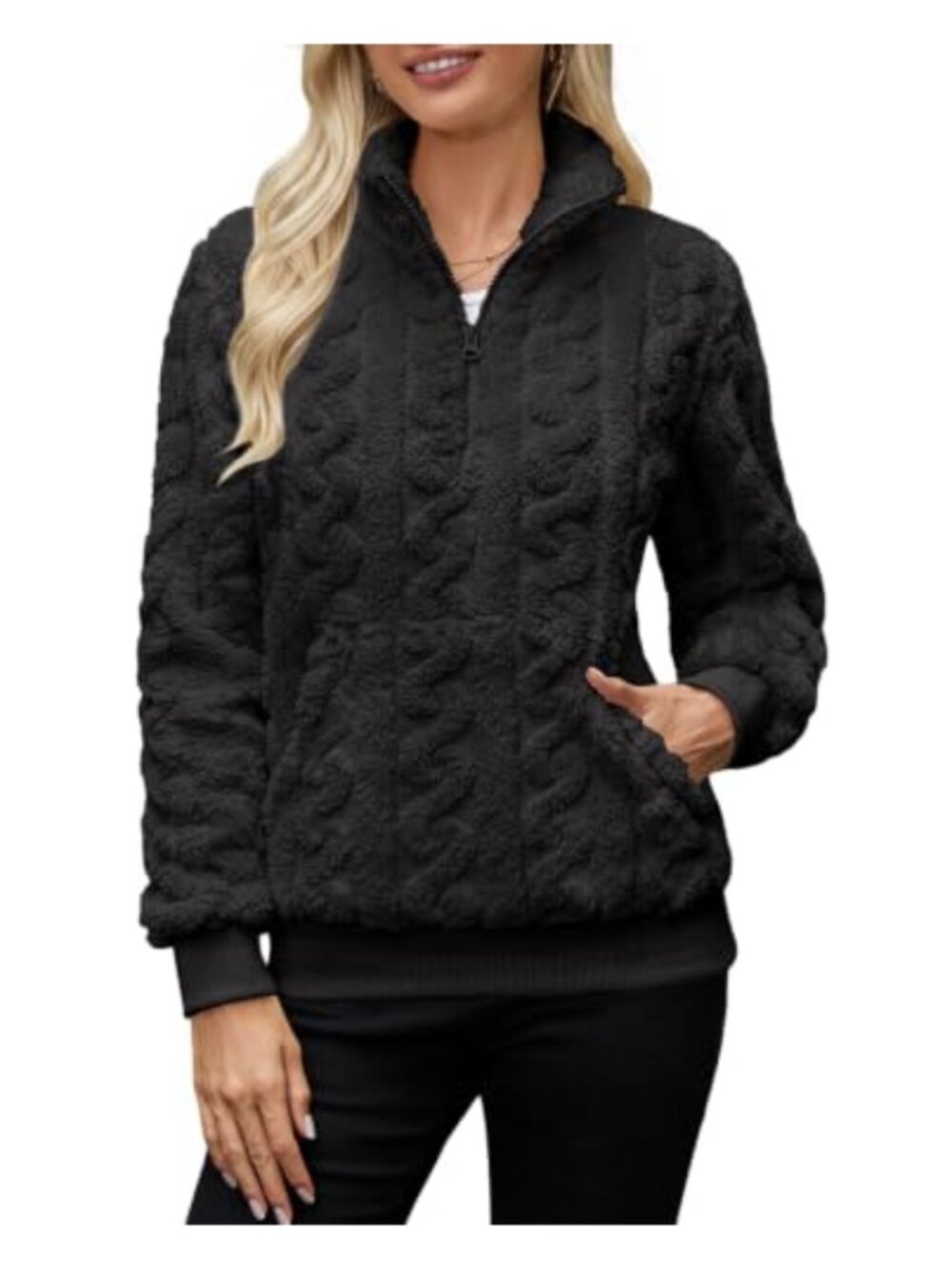 Womens Fuzzy Cable Knit Half Zip Hoodie Sherpa Fleece Sweatshirt